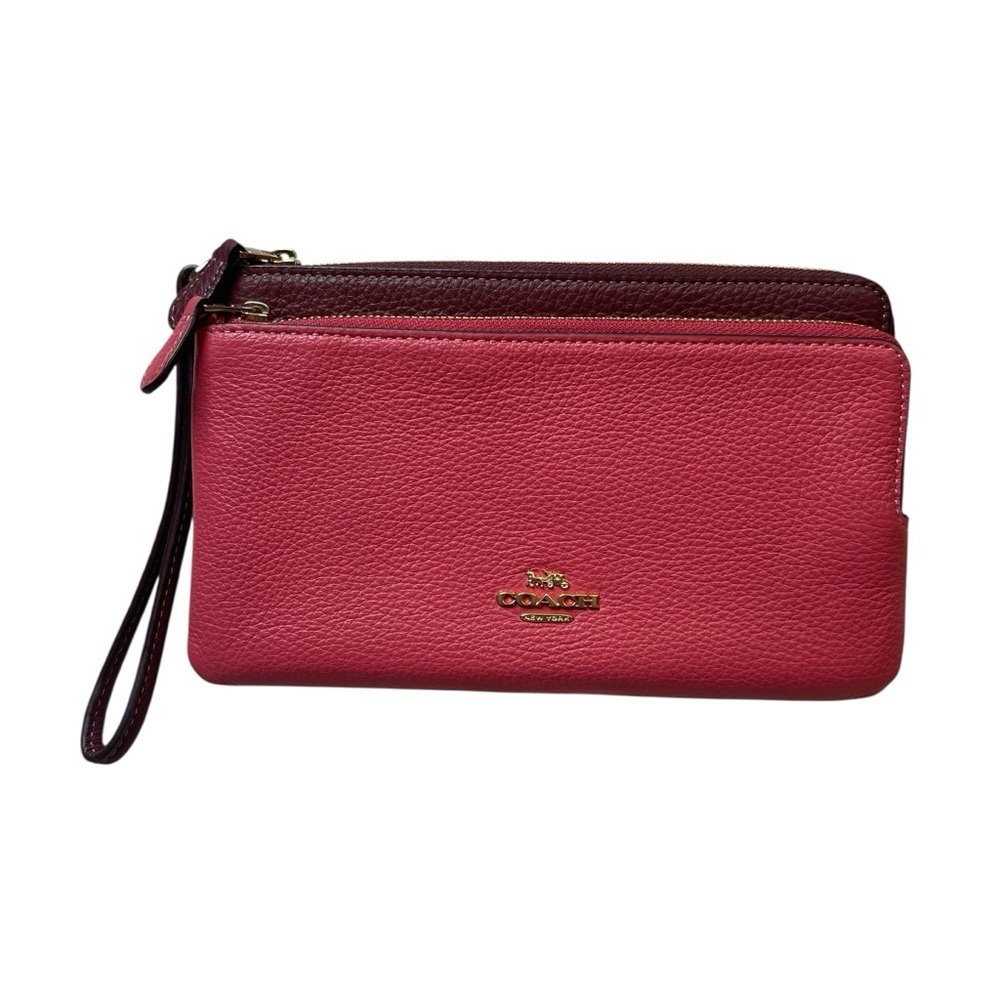 Coach Double Zip Pouch Wristlet Pebbled Leather Pink Maroon (Watermelon/Wine)